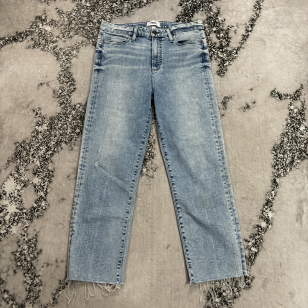 PAIGE Hoxton Straight Crop Jeans Womens Size 30 Light Wash High Rise Raw Hem USA